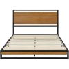 Queen size Modern Metal Platform Bed Frame with Solid Brown Wood Slatted Headboard