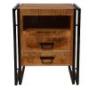 24 Inch 2 Drawer Mango Wood Bedside Table, Open Cubby, Double Sled Style Iron