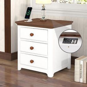 Wooden Nightstand with USB Charging Ports and Three Drawers,End Table for
