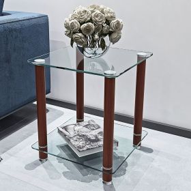 1-Piece Transparent+Walnut Side Table , 2-Tier Space End Table ,Modern Night Stand, Sofa table, Side Table with Storage Shelve