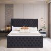 Upholstered wingback velvet fabric Chesterfield bed/button tufted headboard with vintage wings/wood slat support/easy to assemble. King Size.-Black