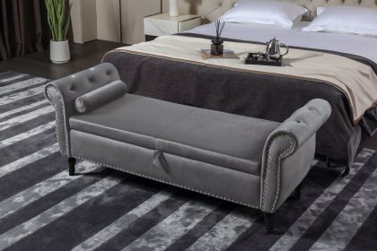 63&quot; Velvet Multifunctional Storage Rectangular Sofa Stool Buttons Tufted Nailhead Trimmed Solid Wood Legs with 1 Pillow; Grey