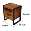 24 Inch 2 Drawer Mango Wood Bedside Table, Open Cubby, Double Sled Style Iron