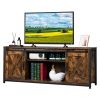 FCH 3-layer Double Barn Door with Sliding Rail X-shaped Panel TV Cabinet MDF with Triamine Retro Brown