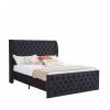 Upholstered wingback velvet fabric Chesterfield bed/button tufted headboard with vintage wings/wood slat support/easy to assemble. Queen-Size-Black