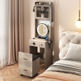Small Vanity Desk with Mirror and LED Lights, Makeup Table with Charging Station and drawers and Storage Shelves for Small Space (Color: as picture)